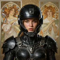 portrait painting of russian gorgeous woman in mecha black helmet, by artgerm and greg rutkowski and alphonse mucha, ultra realistic, concept art, intricate details, highly detailed, photorealistic, octane render, 8 k, unreal engine