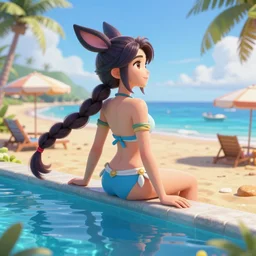 beautiful render of pool party Ahri (league of legends) looking at the horizon in a hawaii beach, 3d, octane render, realistic, highly detailed, trending on artstation