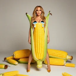 full body photo of jennifer lopez, she is wearing the latest fashion cry costume of corn on a cob, studio lighting, corn on a cob everywhere