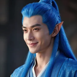 a portrait of a blue genie male in his 3 0 s with, noble, chiseled jaw, slightly smiling, elf ears, beautiful man, long blue hair in a ponytail, short hair on sides, style by donato giancola, wayne reynolds, jeff easley, dramatic light, high detail, cinematic lighting, artstation