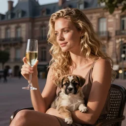blonde with glass of champagne in her hand and puppy on her lap. bordeaux background. art by hingre