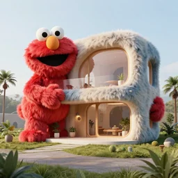 detailed architectural render of a futuristic home furry fuzzy muppets elmo shape hairy surreal atmosphere inspired by postmodernism hyperreal hyperdetailed 3 d samaritual 8 k real engine