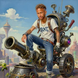 surreal gouache painting, by yoshitaka amano, by ruan jia, by conrad roset, by good smile company, detailed anime 3 d render of a neymar jr using a cannon in his foot, portrait, cgsociety, artstation, rococo mechanical and digital and electronic, dieselpunk atmosphere