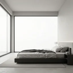brutalist bedroom, big windows, minimalist architecture, minimalist furniture, octane render, high quality, 8 k, post production