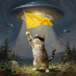 a beautiful painting about a blindfolded cat rising the yellow flag by hands summons a ufo.