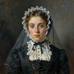 Portrait of a Young Victorian veiled widow in the style of (Rembrandt), Paul Gauguin, tonemapped, painterly