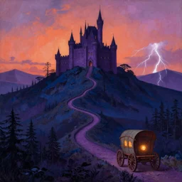 renaissance painting of a dark purple steep and zig - zag path. a violet evil fantasy castle over a high dark blue hill at night. orange to pink gradient sky and thunderstorm background. forest underneath. glowing wagon on the path