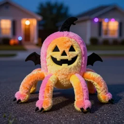 an four legged vampire kraken plush trick or treating on halloween, with a pumpkin face, by the sanrio company, real, photography, halloween decorations, suburbs, pink, yellow, black, ground level shot, macro camera, focused, night, colorful led lights, chromatic aberration