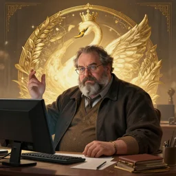 a heavy set university professor with a salt and pepper goatee teaches computer science, fantasy, illustration, artstation, cinematic lighting, hyperdetailed, cgsociety, 8k Resolution, high resolution, Charlie Bowater, Tom Bagshaw, Tom Richmond, insanely detailed and intricate, beautiful, elegant, golden ratio, royal swan insignia in background