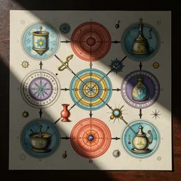 < Occult Lithograph containing a connected diagram of colorful magical symbols, reagents, and alchemical devices