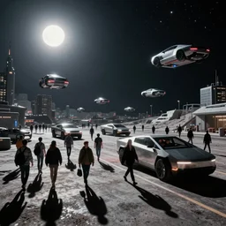 diverse people walk past plasma vehicles, long shadows, back from work in a Russian cyberpunk city called Neo Norilsk on the Moon, pitch black sky with stunning bright stars, bright sun, diverse, lively, black sky full of stars, blinding bright sun, sci-fi, lots of flying cars, levitation, cyberpunk outfits, photorealistic, grainy, 35mm, intricate, very very beautiful, elegant, smooth, cinematic, Unreal Engine 5, by Beeple, trending on Artstation HD