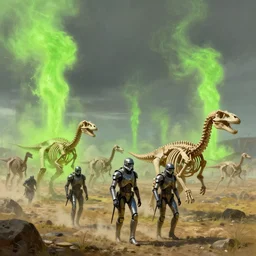 sci - fi art, metalhead troopers walking in a plain of dinosaur bones, acid green geysers in the background, art by ismail inceoglu