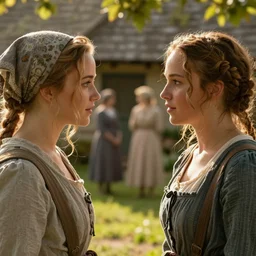 romanticism painting of ( ( ( jennifer lawrence ) ) ) talking with the neighbours wife outside, symmetrical face, beautiful eyes, cottagecore, artstation, 8 k, highly detailed, warm natural lighting, sunlight