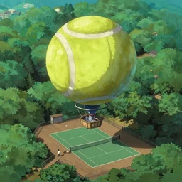An aerial tennis court, suspended by a big tennis ball-shaped hot air balloon, Castle in the Sky style, by Miyazaki Hayao