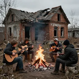 Four stalkers from the game s.t.a.l.k.e.r sit with guitars by the fire near an abandoned brick house