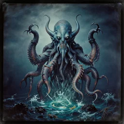 a daguerreotype of cthulhu rising from the ocean, psychedelic
