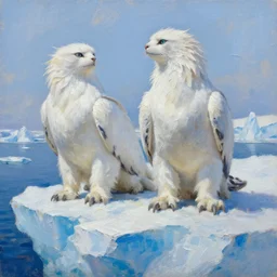 highly detailed painting of white giant griffon cat seals on a blue and white iceberg by william turner, by greg rutkowski, by william constable, thick brush strokes and visible paint layers, 4 k resolution