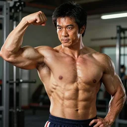 bongbong marcos as a character in baki. flexing muscles at gym,