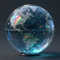 ultra realist octane render of a storm globe, underwater fish universe inside, reflection and refraction, symmetry accurate features, very intricate details, rainbow lighting, volumetric light water, artstation