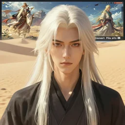 ( portrait of xianxia minhyuk with long straight platinum blonde hair, digital painting, artstation, concept art, sharp focus, illustration, art by greg rutkowski and alphonse mucha ), ( background is a screenshot of the desert by krenz cushart, pixiv contest winner, action painting, 2 d game art, official art, award - winning, art by studio ghibli, by chris moore, high details, afternoon overexposed sunlight, strong shadows )
