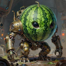 semi reallistic gouache gesture painting, by yoshitaka amano, by ruan jia, by conrad roset, by dofus online artists, detailed anime 3 d render of an alien monstrous watermelon, portrait, cgsociety, artstation, rococo mechanical, digital reality, sf 5 ink style, dieselpunk atmosphere, gesture drawn