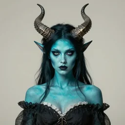 portrait of a female demon with cyan skin and horns, by nikolay makovsky.