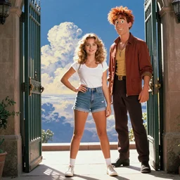 Sandy from Grease movie standing at the gates of heaven, Michelangelo painting