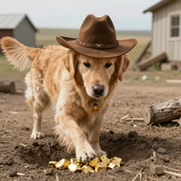 photo of a golden retriever wearing old west clothes and western hat and finding gold nuggets in a mine