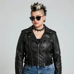 a young chubby goth woman an asymmetrical ombre mohawk wearing a leather jacket, spiked collar sunglasses, jeans, and a tshirt. high key, anaglyph lighting, blender art, illustrations, pixiv, by ribosoma _ 4 2, guweiz