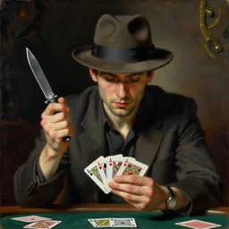 a smooth guy with a fedora and a switch blade, good at cards, plays music, gambles like no one, a painting by beksinski