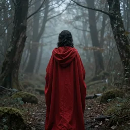 a high detailed photo of a lady in a red cloak, seen from behind, ancient forest, mist, 35mm, photorealistic, realistic, deviantart, gloomy atmosphere, high definition