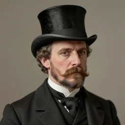 A photograph portrait of Jerma in the mid-late 1800s with a top hat and mustache with mutton chops, taken in the mid-late 1800s, taken on a Field View Camera, realistic, hyperrealistic, very realistic, highly detailed, very detailed, extremely detailed, detailed, digital art, trending on artstation