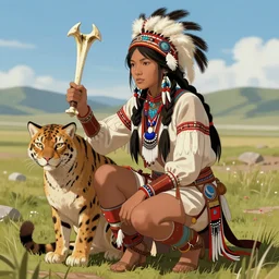 a beautiful native american girl, she is half - crouched, in hand a bone weapon, under her feet is a sit big cat. comanche, anime, manga, hyper detailed, 8 k, hdr, digital, artstation, cg