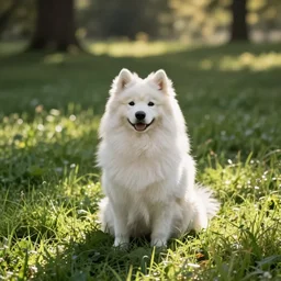 a samoyed dog sitting in the middle of sunny meadow, by Larry Lieber