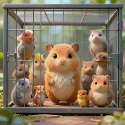 cages in the zoo with many cute cartoon surrealistic sci fi animals inside, sharp face focus, finely detailed features, full body mid shot, perfect art,, unreal 6 render