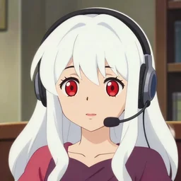 anime visual of a cute girl, with red eyes!!!! and long white hair!!!! wearing a headset in her room interior, anime art by ilya kuvshinov, studio ghibli, katsuhiro otomo, flat, high quality, 4 k