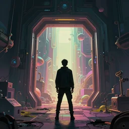 a person standing in front of a portal, cyberpunk, epic surrealism, detailed digital matte painting in the style of josan gonzalez, artstation, psychedelic