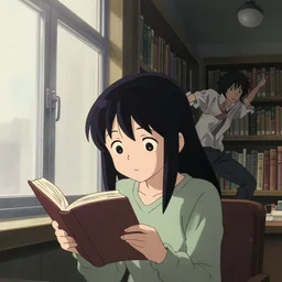 anime visual, portrait of a curious young woman in library interior by a window reading, cute face by ilya kuvshinov, yoh yoshinari, dynamic pose, dynamic perspective, cel shaded, flat shading mucha, rounded eyes, moody, psycho pass, kyoani, paprika