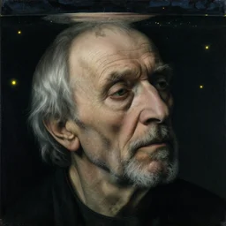 close up portrait of a dying old man with his head underwater. night with fireflies. jan van eyck
