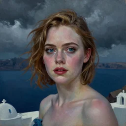 Elle Fanning in Santorini in the style of Paola Vetri, head and shoulders portrait, stormy weather, extremely detailed masterpiece, oil on canvas, low-key neon lighting, artstation, Blade Runner 2049, Roger Deakin’s cinematography, by J. C. Leyendecker and Peter Paul Rubens and Edward Hopper and Michael Sowa,