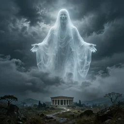 eerie, greek fantasy landscape, a giant smiling translucent shining ghost figure in the stormy clouds, stanley kubrick movie frame