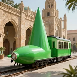Moroccan streamline retro train in gothic cathedral style, cone shaped, arrow shaped, octane render, 8k, HD, high detailed, green light
