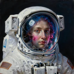 a close - up view, renaissance portrait of a one space astronaut with face surrounded by nebula. transparent glass, space suit and reflections on it. deep blue and pink tones. gloomy dark black background. highly detailed fantasy science fiction portrait oil painting by rembrandt. rich colors, high contrast. artstation