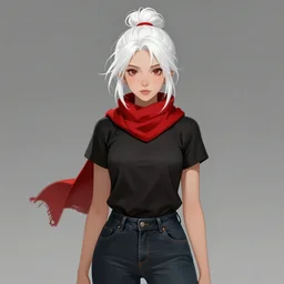 portrait of a girl with white hair in a messy white hairbun. She is wearing a short black tshirt, jeans pants, a red scarf. digital art, character design. in the style of wlop, rossdraws, artstation trending