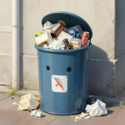 full view, from a distance, of anthropomorphic trashcan from tokyo, full of trash, style of yoshii chie and hikari shimoda and martine johanna, highly detailed