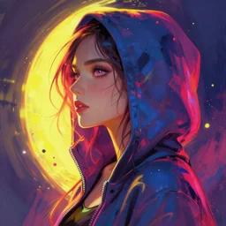 cyberpunk goddess, hoodie side portrait, striking, defiant, spotlight, vibrant colors, paint splash, beautiful eyes, by marco paludet and gianni strino and marion bolognesi