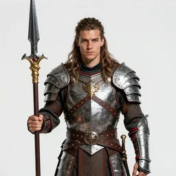 A semi realistic portrait of a young handsome male barbarian with long wild hair, intricate fantasy spear, plated armor, vivid colors, colored, D&D, dungeons and dragons, tabletop role playing game, rpg, jrpg, digital painting, by Frank Frazetta and Yusuke Murata, concept art, highly detailed, promotional art, HD, digtial painting, trending on ArtStation, golden ratio, rule of thirds, SFW version