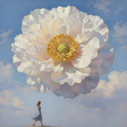 a giant flower head, a woman walking, surreal, clouds in sky, impressionist painting, digital painting, artstation, rob gonsalves