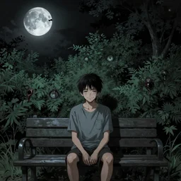 in the style of Junji Ito:: a man sitting on a park bench smiling:: bushes with sweaty eyes:: a darkness descending:: fear horror disgust:: a broken moon