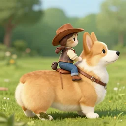 tiny cat as a girl in cowboy hat riding on the back of a giant corgi by greg rutkowski